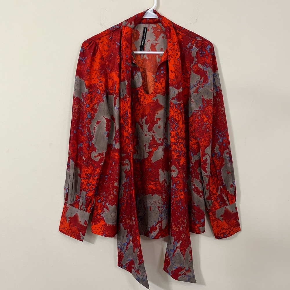 W118 By Walter Baker Red Blue Gray Design Front Tie V-Neck Long Sleeve Blouse S - Picture 4 of 9